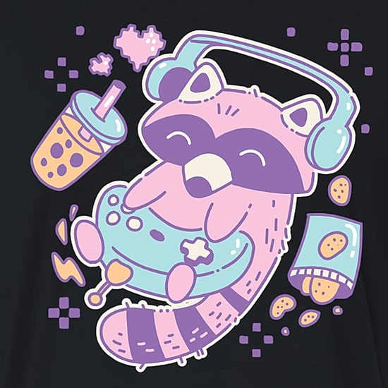 Kawaii Racoon Gamer Cropped Womens Juniors Crew Neck Short Sleeve Classic Fit Graphic T-Shirt