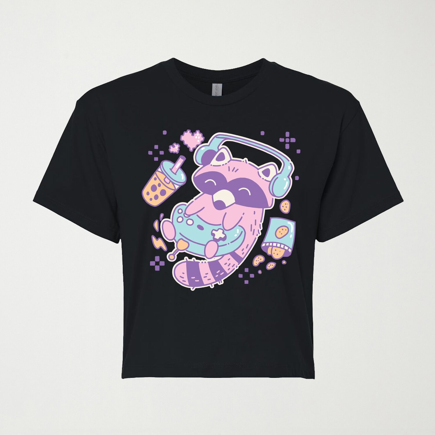 Kawaii Racoon Gamer Cropped Womens Juniors Crew Neck Short Sleeve Classic Fit Graphic T-Shirt