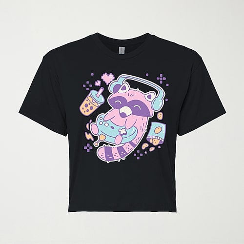 Kawaii Racoon Gamer Cropped Womens Juniors Crew Neck Short Sleeve Classic Fit Graphic T-Shirt, Large, Black
