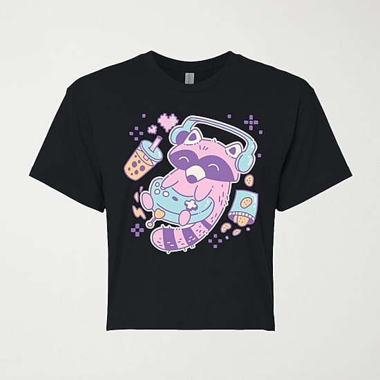 Kawaii Racoon Gamer Cropped Womens Juniors Crew Neck Short Sleeve Classic Fit Graphic T-Shirt