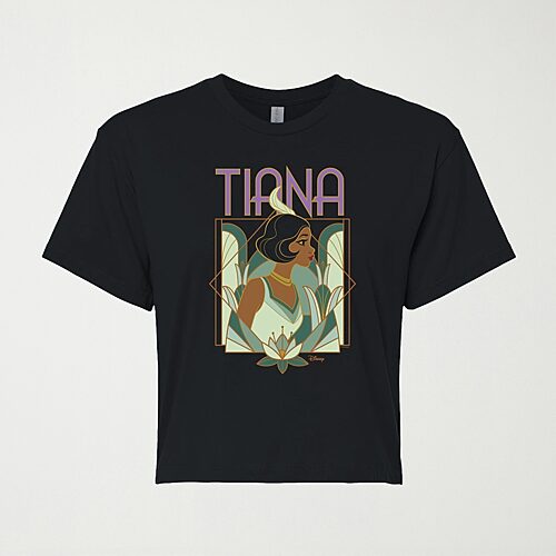 Tiana Art Deco Cropped Womens Juniors Crew Neck Short Sleeve Classic Fit Princess Tiana Graphic T-Shirt, X-large, Black