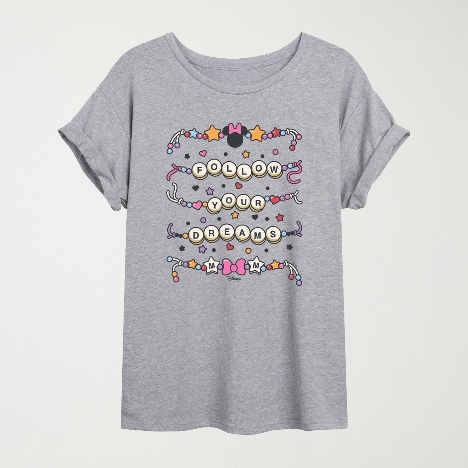 Friendship Bracelet Womens Juniors Crew Neck Short Sleeve Oversized Minnie Mouse Graphic T-Shirt