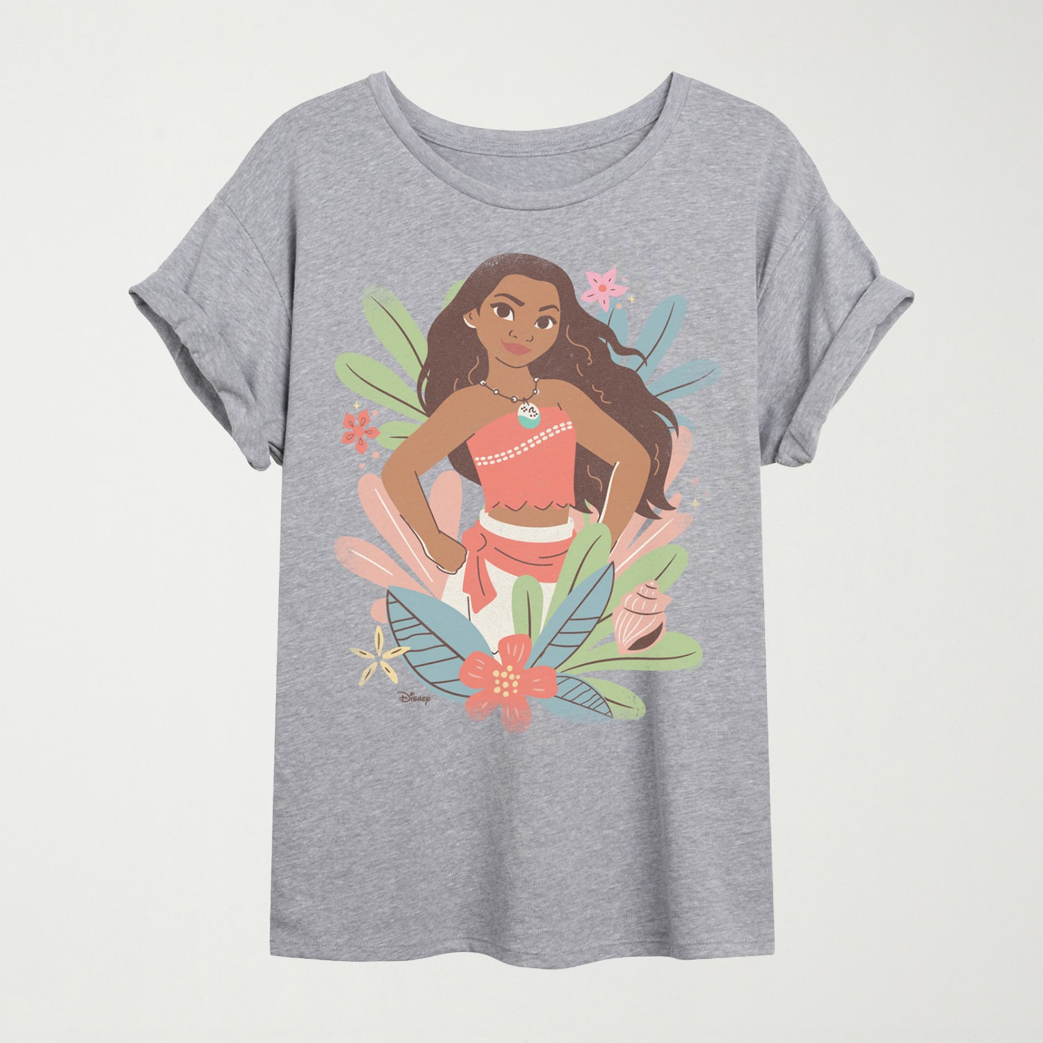 Moana Floral Vintage Faded Womens Juniors Crew Neck Short Sleeve Oversized Graphic T-Shirt