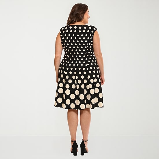 London Times Womens Plus Round Neck Sleeveless Cap Polka Dot Fit + Flare Dress