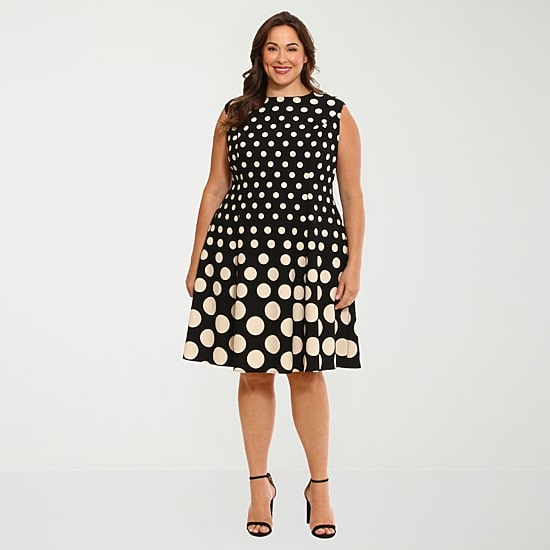 London Times Womens Plus Round Neck Sleeveless Cap Polka Dot Fit + Flare Dress