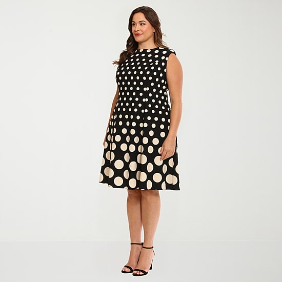 London Times Womens Plus Round Neck Sleeveless Cap Polka Dot Fit + Flare Dress