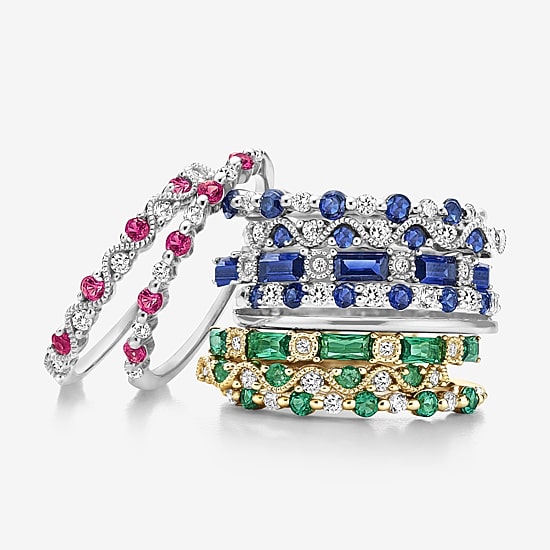 Modern Bride Lab-Created Gemstone and 1/10 CT.T.W. Lab-Grown Diamond 2MM Wedding Band in 10K Gold
