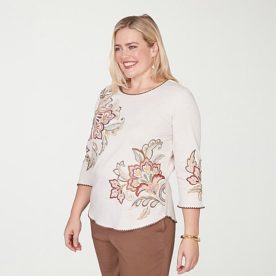 Alfred Dunner Spice Market Womens Crew Neck 3/4 Sleeve T-Shirt