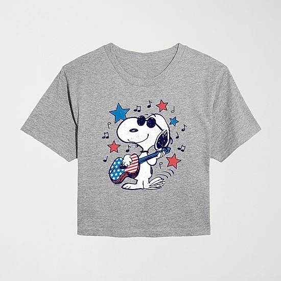 Americana Guitar Cropped Womens Juniors Crew Neck Short Sleeve Classic Fit Peanuts Snoopy Graphic T-Shirt