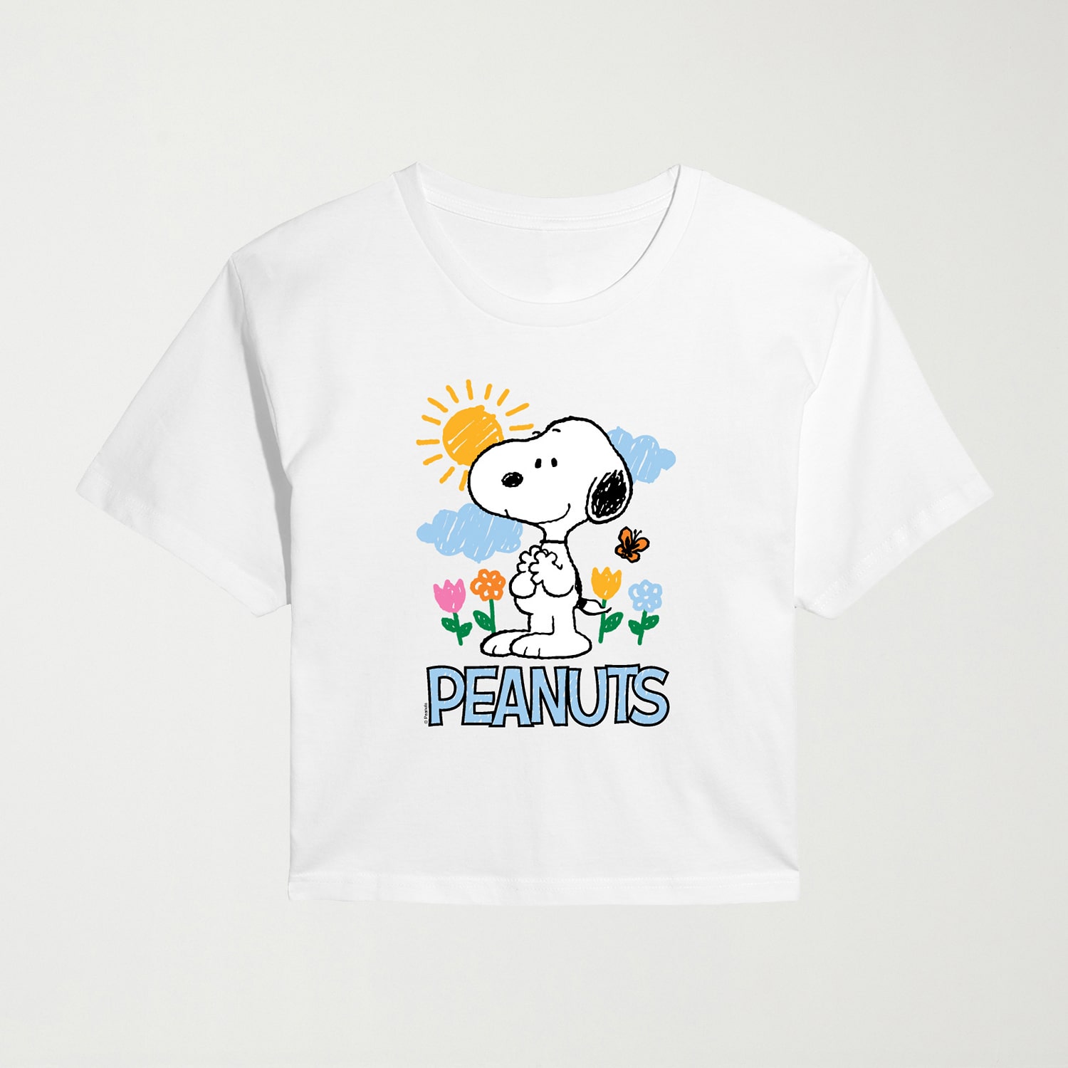 Sketchy Spring Cropped Womens Juniors Crew Neck Short Sleeve Classic Fit Peanuts Snoopy Graphic T-Shirt
