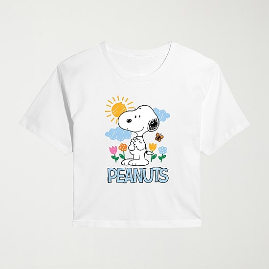 Sketchy Spring Cropped Womens Juniors Crew Neck Short Sleeve Classic Fit Peanuts Snoopy Graphic T-Shirt