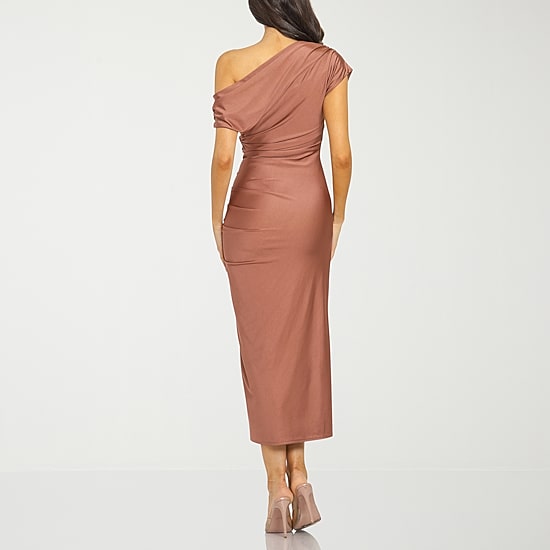 Premier Amour One Shoulder Womens Midi Asymmetrical Neck Short Sleeve Sheath Dress