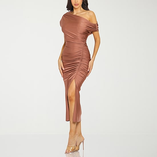 Premier Amour One Shoulder Womens Midi Asymmetrical Neck Short Sleeve Sheath Dress