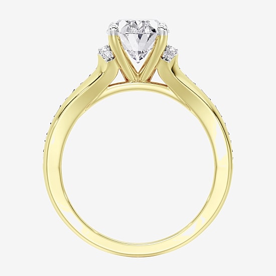(F / Vs2) Womens 1 1/2 CT. T.W. Lab Grown White Diamond 10K Gold Oval Side Stone Engagement Ring