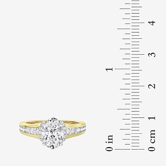 (F / Vs2) Womens 1 1/2 CT. T.W. Lab Grown White Diamond 10K Gold Oval Side Stone Engagement Ring