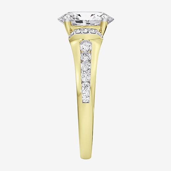 (F / Vs2) Womens 1 1/2 CT. T.W. Lab Grown White Diamond 10K Gold Oval Side Stone Engagement Ring