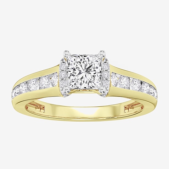 (F / Vs2) Womens 1 1/2 CT. T.W. Lab Grown White Diamond 10K Gold Side Stone Engagement Ring