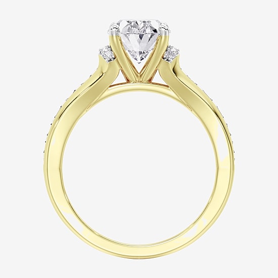 (F / Vs2) Womens 2 1/2 CT. T.W. Lab Grown White Diamond 10K Gold Oval Side Stone Engagement Ring
