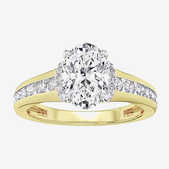 (F / Vs2) Womens 2 1/2 CT. T.W. Lab Grown White Diamond 10K Gold Oval Side Stone Engagement Ring