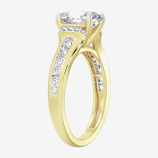 (F / Vs2) Womens 2 1/2 CT. T.W. Lab Grown White Diamond 10K Gold Oval Side Stone Engagement Ring