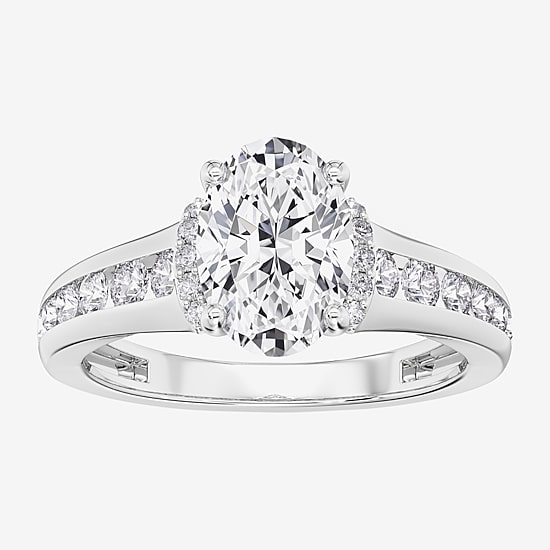(F / Vs2) Womens 3 3/4 CT. T.W. Lab Grown White Diamond 10K Gold Oval Side Stone Engagement Ring