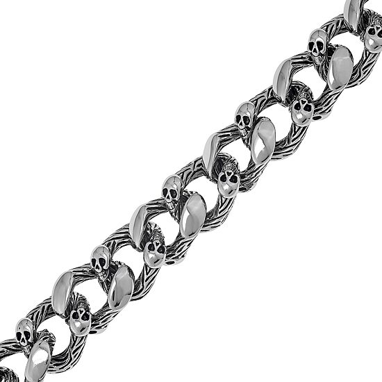 Mens Antique Finish Stainless Steel Skull Head Bracelet