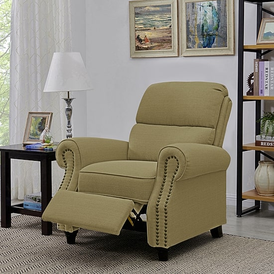 ProLounger Anna Traditional Roll-Arm Push Back Recliner in Linen with Nailheads