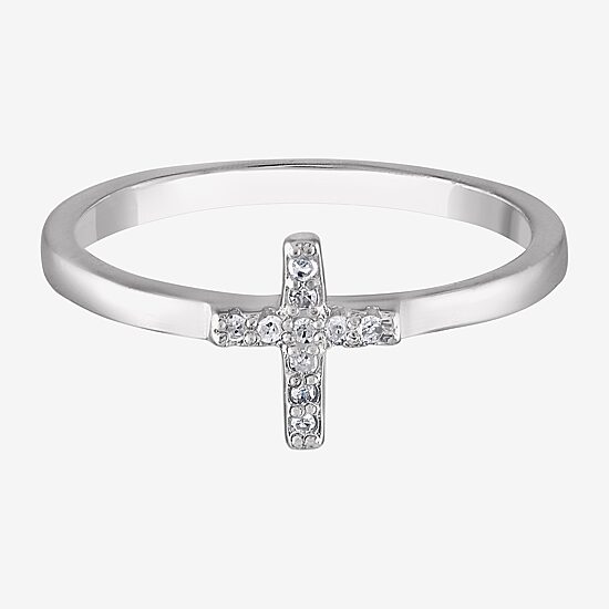 Girls White Diamond Sterling Silver Cross Delicate Cocktail Ring