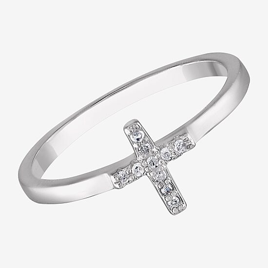 Girls White Diamond Sterling Silver Cross Delicate Cocktail Ring