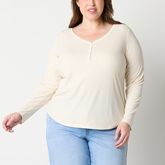 a.n.a Womens Plus Long Sleeve Henley Shirt