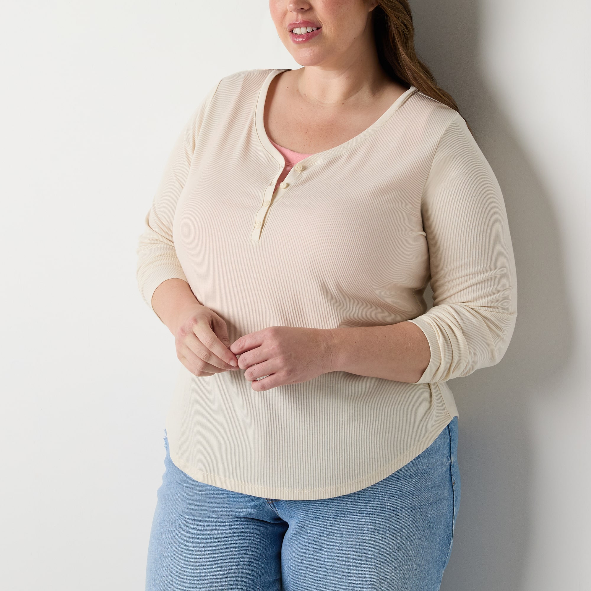 a.n.a Womens Plus Long Sleeve Henley Shirt