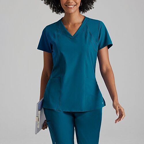 Barco One 5105 Racer 4-Pocket Womens V Neck Short Sleeve Tag Free Stretch Fabric Moisture Wicking Scrub Top, X-large, Blue