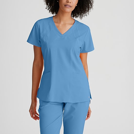 Barco One 5105 Racer 4-Pocket Womens V Neck Short Sleeve Tag Free Stretch Fabric Moisture Wicking Scrub Top