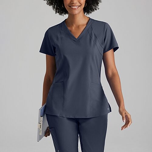 Barco One 5105 Racer 4-Pocket Womens V Neck Short Sleeve Tag Free Stretch Fabric Moisture Wicking Scrub Top, X-large, Black