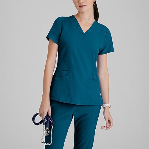 Barco One 5106 Pulse 5-Pocket Womens V Neck Short Sleeve Tag Free Stretch Fabric Moisture Wicking Scrub Top, X-large, Blue
