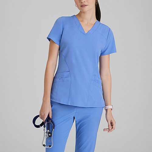 Barco One 5106 Pulse 5-Pocket Womens V Neck Short Sleeve Tag Free Stretch Fabric Moisture Wicking Scrub Top, Large, Blue