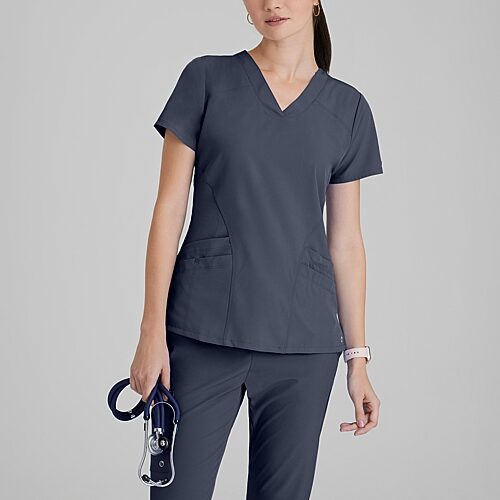 Barco One 5106 Pulse 5-Pocket Womens V Neck Short Sleeve Tag Free Stretch Fabric Moisture Wicking Scrub Top, X-large, Black