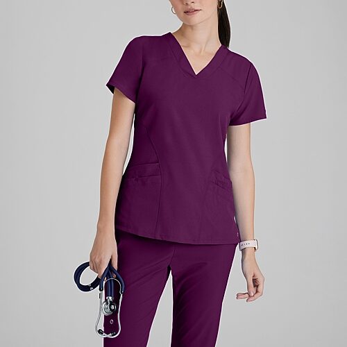 Barco One 5106 Pulse 5-Pocket Womens V Neck Short Sleeve Tag Free Stretch Fabric Moisture Wicking Scrub Top, Small, Red