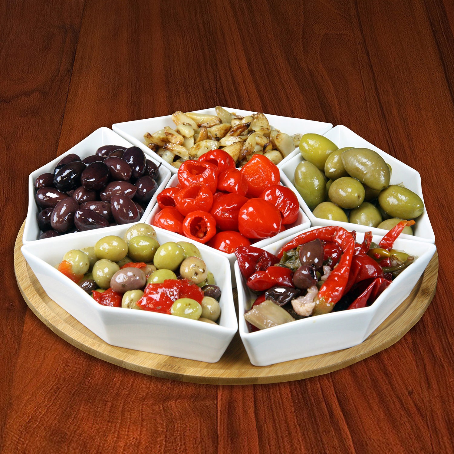 Elama Signature 12 Inch 7pc Condiment Server Set with a Bamboo Lazy Suzan Serving Tray