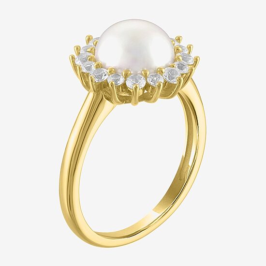 Womens 8MM White Cultured Freshwater Pearl 14K Gold Over Silver Halo Cocktail Ring