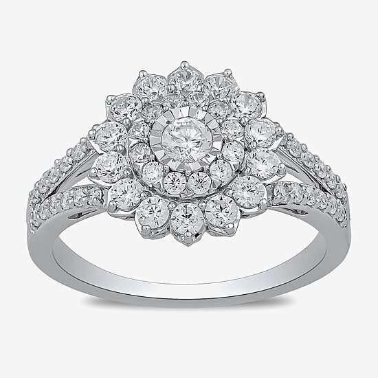 Womens 1 CT. T.W. Lab Grown White Diamond 10K Gold Side Stone Cocktail Ring