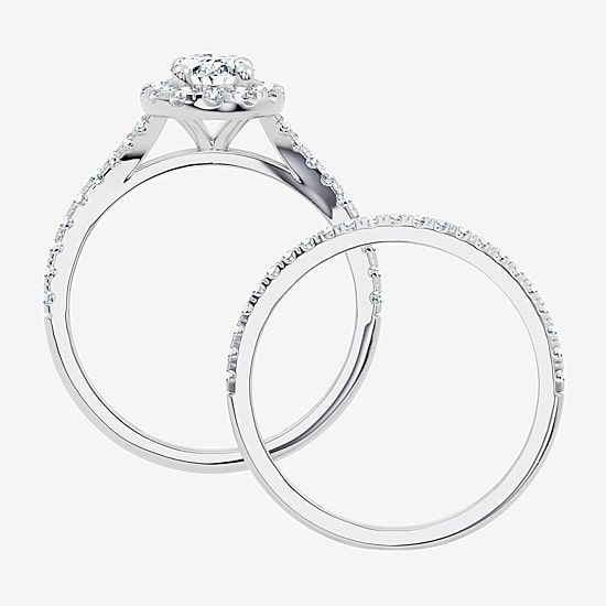 (G / Vs2-Si1) Womens 1 CT. T.W. Lab Grown White Diamond 10K Gold Oval Side Stone Halo Bridal Set