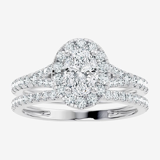 (G / Vs2-Si1) Womens 1 CT. T.W. Lab Grown White Diamond 10K Gold Oval Side Stone Halo Bridal Set