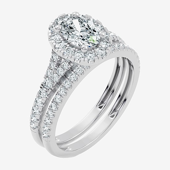 (G / Vs2-Si1) Womens 1 CT. T.W. Lab Grown White Diamond 10K Gold Oval Side Stone Halo Bridal Set