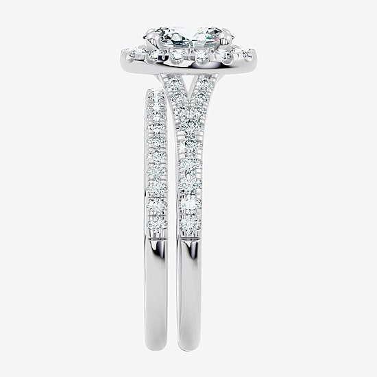(G / Vs2-Si1) Womens 1 CT. T.W. Lab Grown White Diamond 10K Gold Oval Side Stone Halo Bridal Set