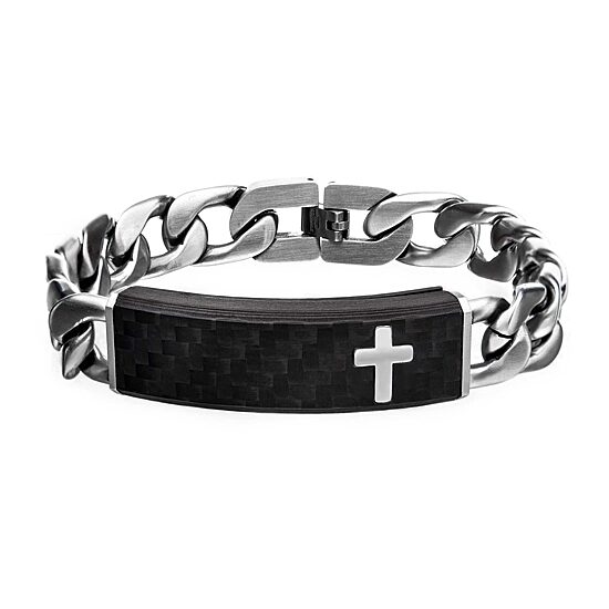 Mens Stainless Steel 8 1/2 Inch Curb Cross Id Bracelet