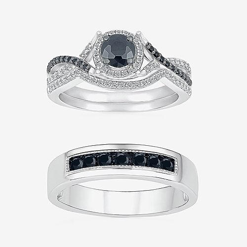Modern Bride 8.50mm Unisex Adult 1 Ct. T.w. Natural Black Diamond 10k Gold Round Halo Side Stone Ring Set In No Color