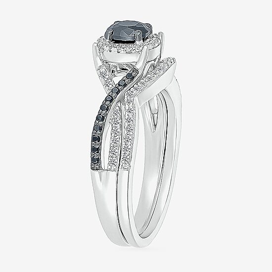 8.50mm Unisex Adult 1 CT. T.W. Natural Black Diamond 10K Gold Round Halo Side Stone Ring Set