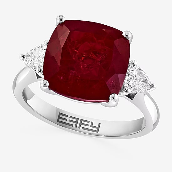 Effy Final Call  Womens Lab Created Red Ruby and 1/5 CT.T.W Lab Grown Diamond 14K White Gold Cushion Cocktail Ring