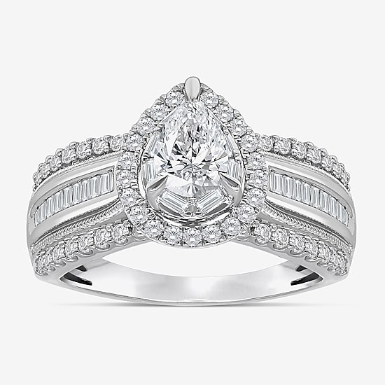 (I / I1) Womens 1 CT. T.W. Lab Grown White Diamond 10K Gold Pear Side Stone Engagement Ring